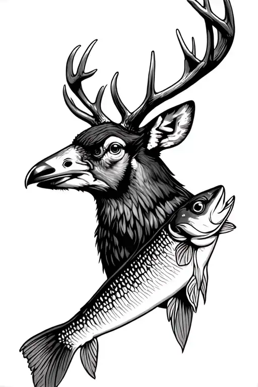 crow  whitetail deer  2 ratccons   northern pike popcorn cross tattoo design idea