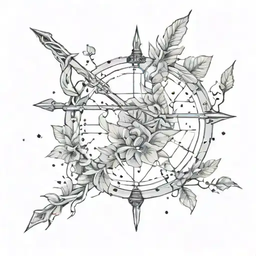 bow and arrow wrapped with leaves intertwined, 1122 inside the bow, Sagittarius constellation  tattoo design idea