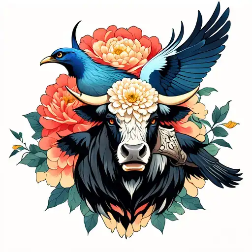 Chrysanthemum in the background, powerful bull, two elegant birds, Thors Hammer tattoo design idea