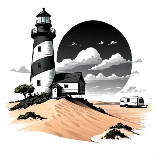 lighthouse in sand dunes with caravans in background tattoo design idea