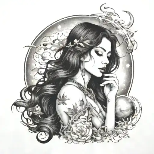 astral, girl with dark hair, beautiful, moon, witch, earth zodiac, moonstone tattoo design idea