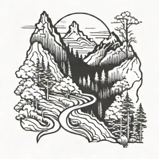 mountains and forest with pathway tattoo design idea