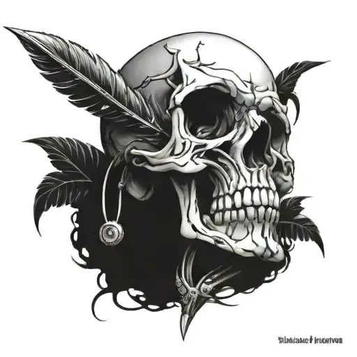 A biomechanical skull intertwined with a quill pen, symbolizing the fusion of creativity and darkness tattoo design idea