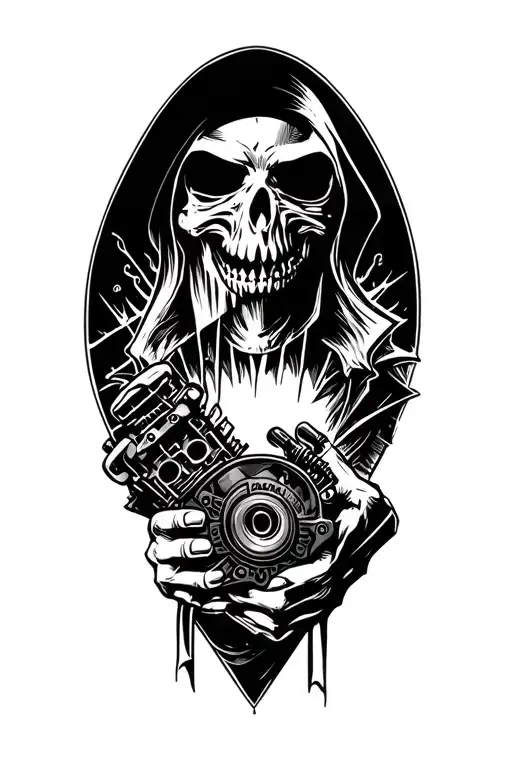 grim reaper holding a v8 engine in hand holding tattoo design idea
