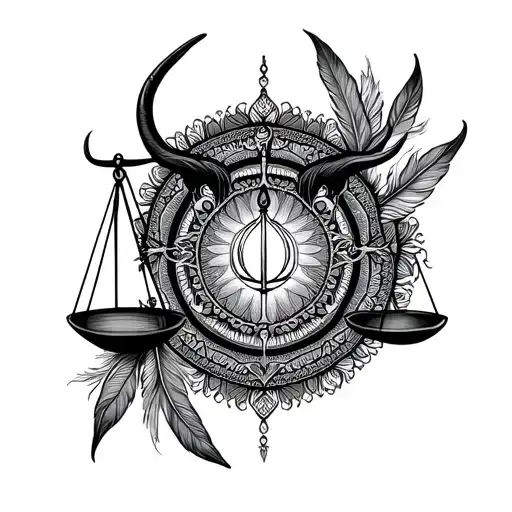 A mandala design incorporating Libra scales and Taurus feathers, symbolizing balance and harmony in the mother's life and her connection to nature tattoo design idea