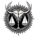 A mandala design incorporating Libra scales and Taurus feathers, symbolizing balance and harmony in the mother's life and her connection to nature tattoo design idea