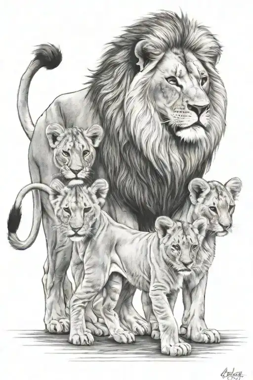 lion with 3 cubs walking tattoo design idea