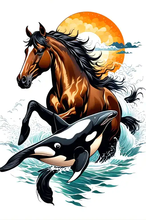 Neo-traditional Japanese sleeve tattoo design. Central subjects are a dynamic brown Horse and a breaching Orca. Decorate tattoo design idea