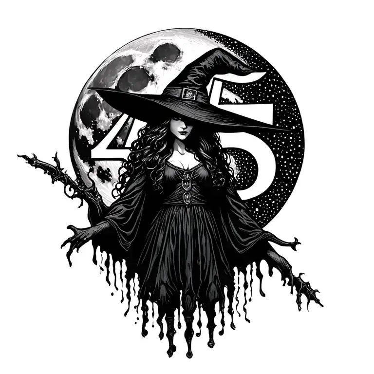 Witch Silhouette over a full moon and the number 45 tattoo design idea