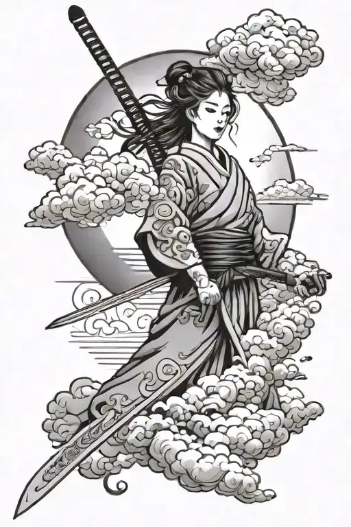 Japanese woman sword clouds tattoo design idea