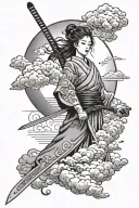 Japanese woman sword clouds tattoo design idea
