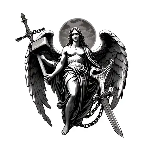 The statue of the angel constrained in chains, in one hand a book, in the other sword, in the third harp, in the fourth severed head tattoo design idea