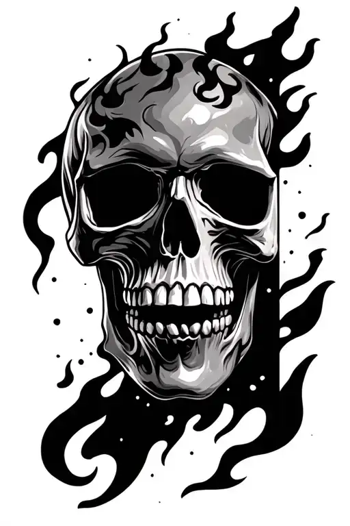half of a skull with flames background black and white tattoo design idea