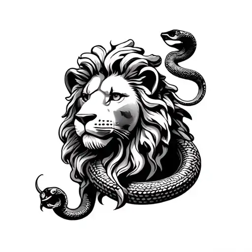 lion, greek statue and snake  tattoo design idea