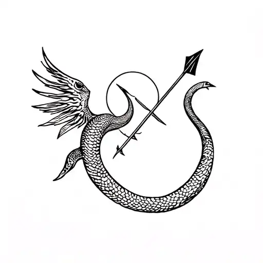flying serpent—snake arrow facing upwards with moon on its tail and sun above its head, and a bow creating it's wingspan tattoo design idea