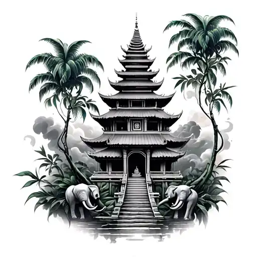 A high mystical Thai jungle temple/tower surrounded by lush greenery, bamboo, smoke, elephant tattoo design idea