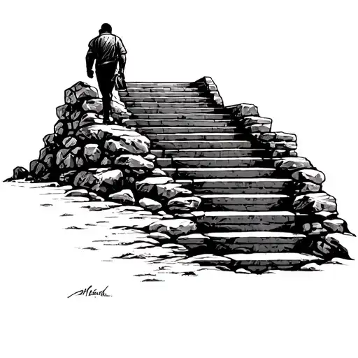 Design a blackwork tattoo showing a man walking up rugged, rocky stairs. Along the staircase, various obstacles try to h tattoo design idea
