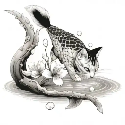 koi fish pond with a cherry blossom tree and cat reaching into water to catch fish  tattoo design idea