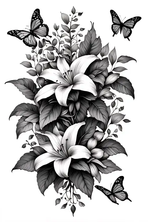 fine line spine tatto with lily flowers vines and butterflys. make the flowers and butterflys small, a long skinny piece tattoo design idea