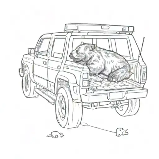 black bear relaxing in the back of a blue SUV eating gummies tattoo design idea