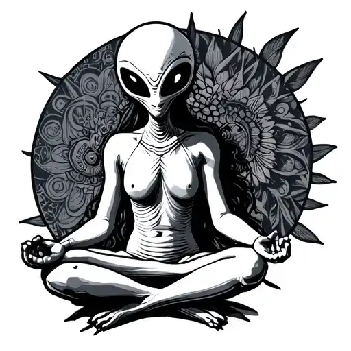 Hippies alien meditating with psychedelic tattoo design idea
