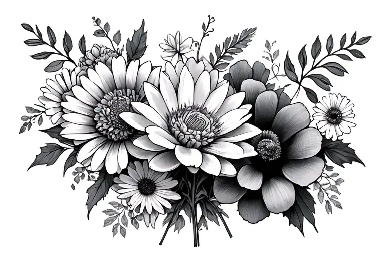 flower bouquet with carnation, daisy, water lily, poppy, aster,  marigold and holly tattoo design idea