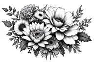 flower bouquet with carnation, daisy, water lily, poppy, aster,  marigold and holly tattoo design idea