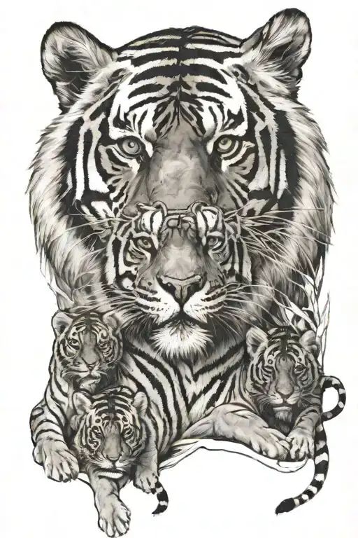 mother tiger and 6 cubs tattoo design idea