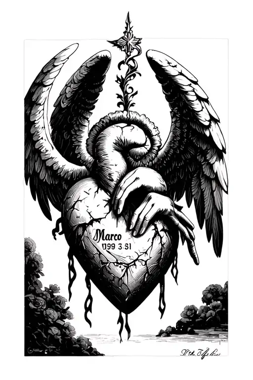 Broken heart and a angel holding the text "Marco 1969 03 31" tattoo design idea