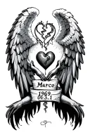 Broken heart and a angel holding the text "Marco 1969 03 31" tattoo design idea
