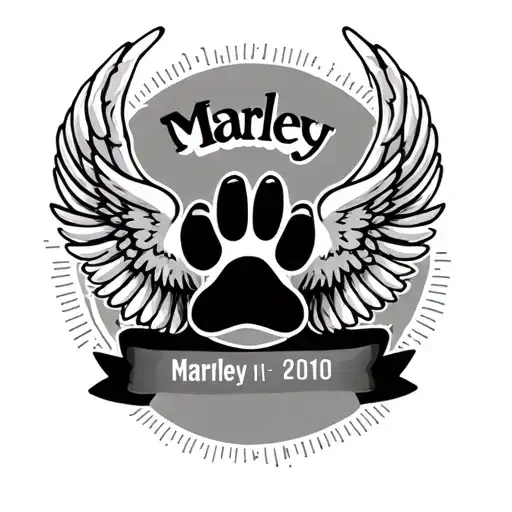 "Marley " "Marley " dog loss tattoo featuring paw print and angel wings tattoo design idea