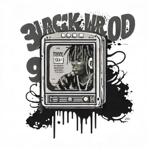 jukebox with the numbers 999 with juice wrld looking over it while it plays his albums  tattoo design idea
