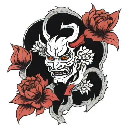 Japanese hannya divided into 2 with red peonies in the center and red falling petals  tattoo design idea