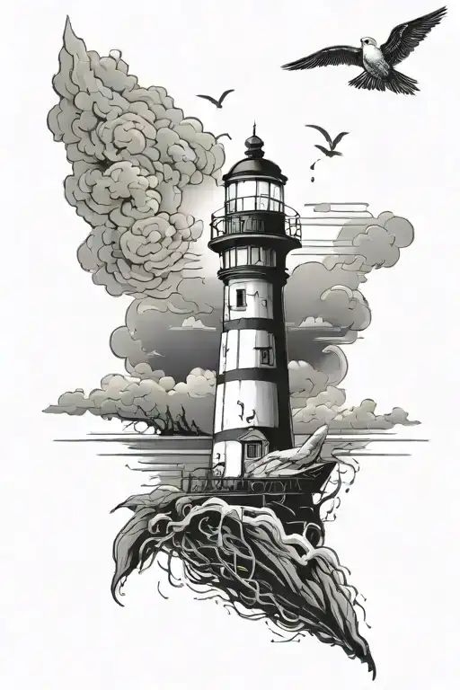 Incorporate a black-grey tattoo of a lighthouse shining brightly in the dark, with Lil Peep's iconic crybaby tattoo subtly integrated into the design, symbolizing the seaman's guidance and connection to music and the sea. tattoo design idea