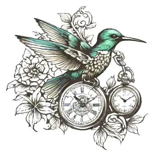 humming bird carrying a small open pocket watch with its feet tattoo design idea