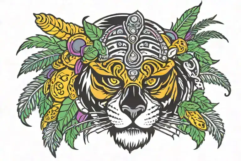 Mardi gras Indian headdress on a tiger head.Louisiana in cursive letters.fleur di lis.rifle cartridges.cypress trees. tattoo design idea