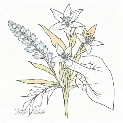 hand holding flower sprig: bluebonnet, edelweiss, heliconia tattoo design idea