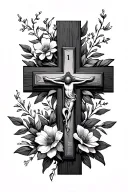 fine line cross with flowers around the cross and 1 Peter 5:10 on the side  tattoo design idea