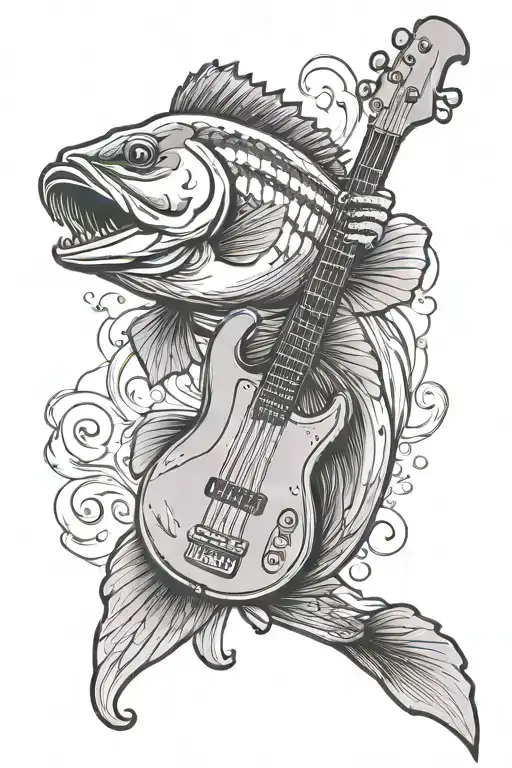 bass guitar with a bass fish jumping tattoo design idea