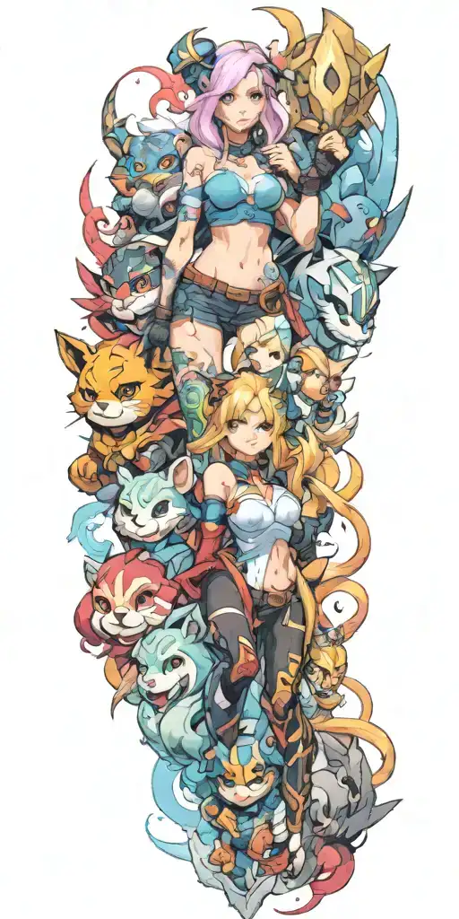 tattoo with five characters from league of legends, full body view tattoo design idea