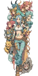 tattoo with five characters from league of legends, full body view tattoo design idea