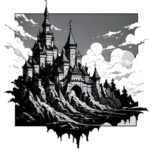 Generate an image of zenitsu falling in infinity castle scene in a simple line box style tattoo tattoo design idea