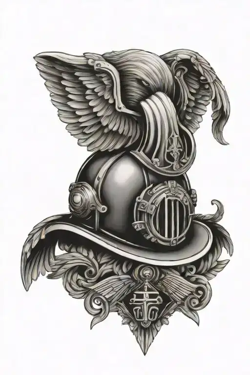 firefighter helmet with wings and freemason symbol tattoo design idea