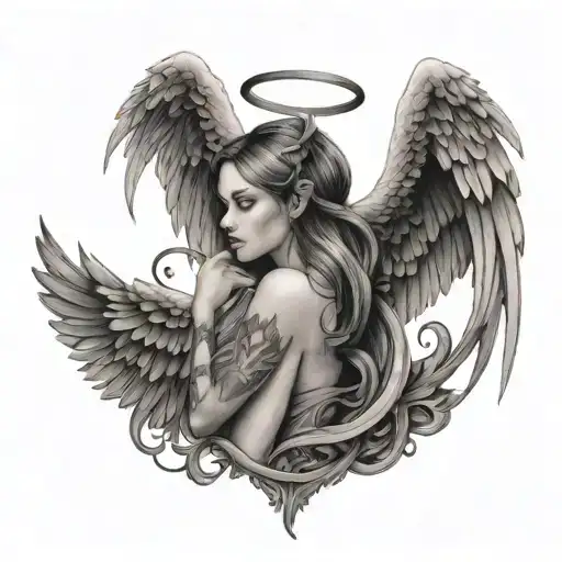 girl with angel and devil wings tattoo design idea
