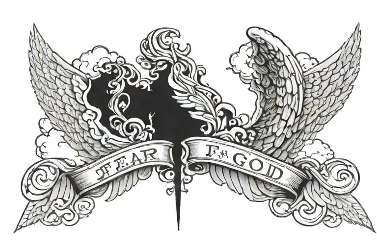 angel wings and clouds with fear god written on top tattoo design idea