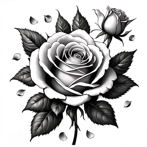 fully bloomed rose that represents my mom and dad three rosebuds that represent me and my sisters and fallen rose petals tattoo design idea