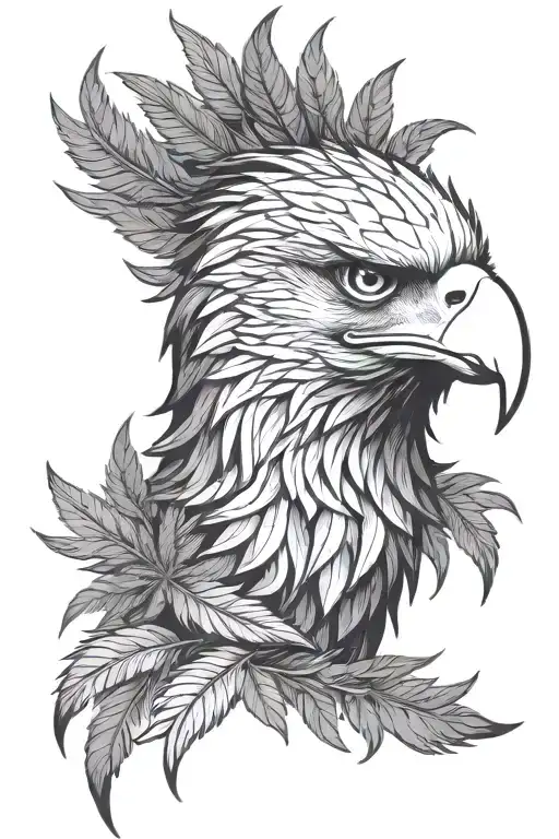 Eagle's head, three-quarter view. Surrounding feathers resemble stylized cannabis leaves, framing the face.   tattoo design idea