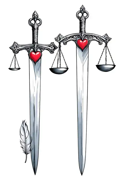  sword of Damocles with a scale on each cross guard weighing a feather on one side and a heart on the other side.  tattoo design idea