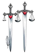  sword of Damocles with a scale on each cross guard weighing a feather on one side and a heart on the other side.  tattoo design idea