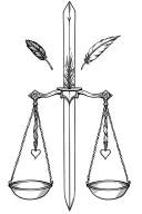  sword of Damocles with a scale on each cross guard weighing a feather on one side and a heart on the other side.  tattoo design idea
